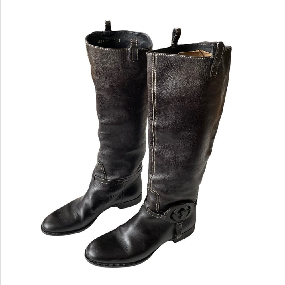 Gucci Interlocking G Logo Tall Riding Boots Knee Leather Black 7 GUC